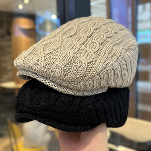 秋冬季针织毛线英伦复古风百搭前进帽子女护耳保暖毛绒绒贝雷帽潮