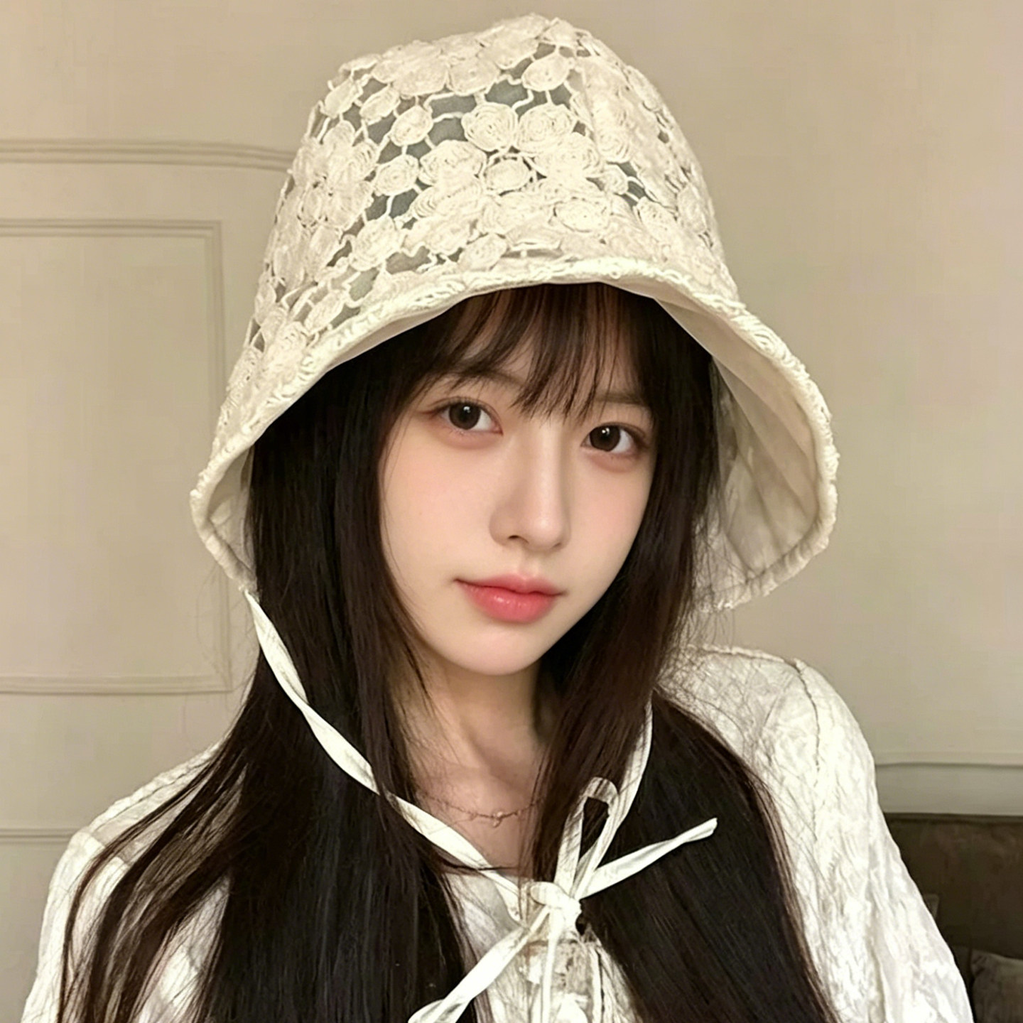 韩系钩针蕾丝绑带帽子女款宽檐遮阳帽显脸小夏季防晒帽渔夫帽盆帽