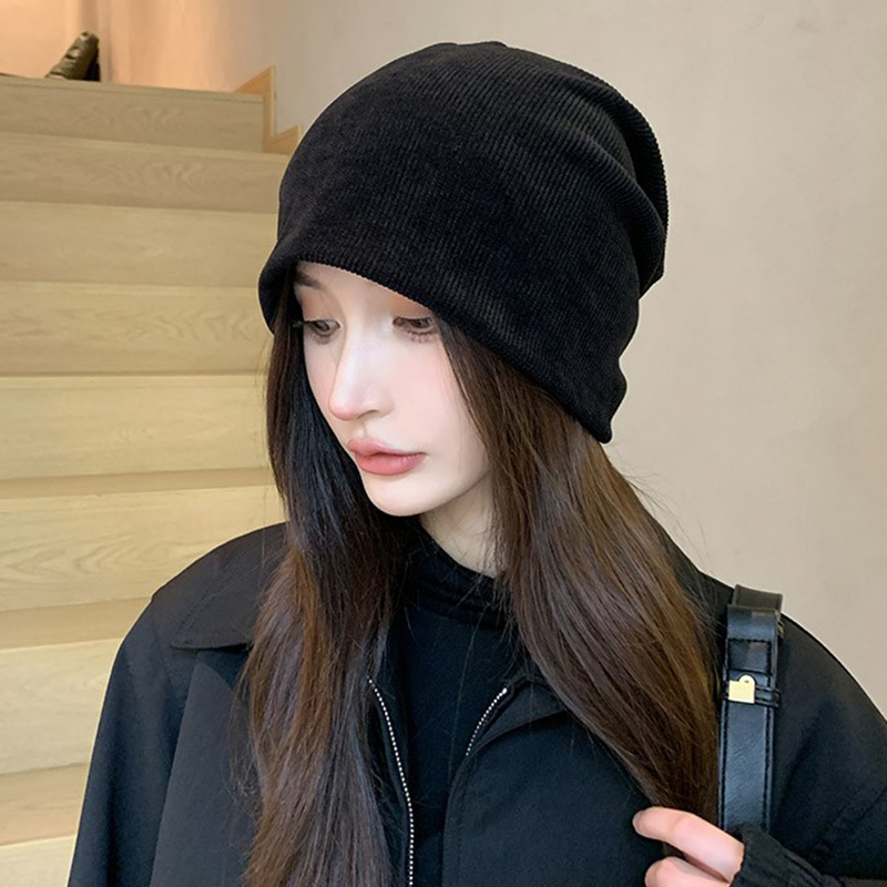 韩版黑色帽子日系女春秋时尚头巾帽纯色冷帽潮针织包头帽堆堆帽潮