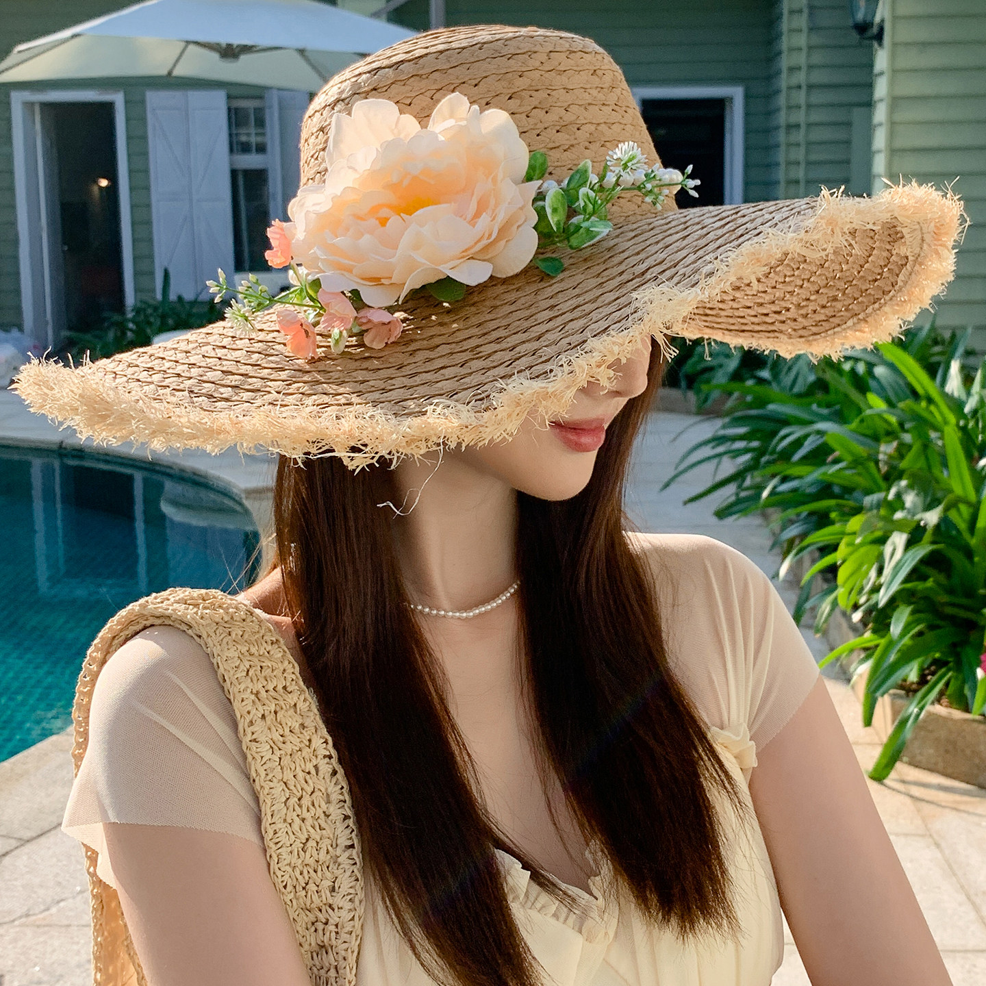 法式花朵大檐防晒草帽女夏海边