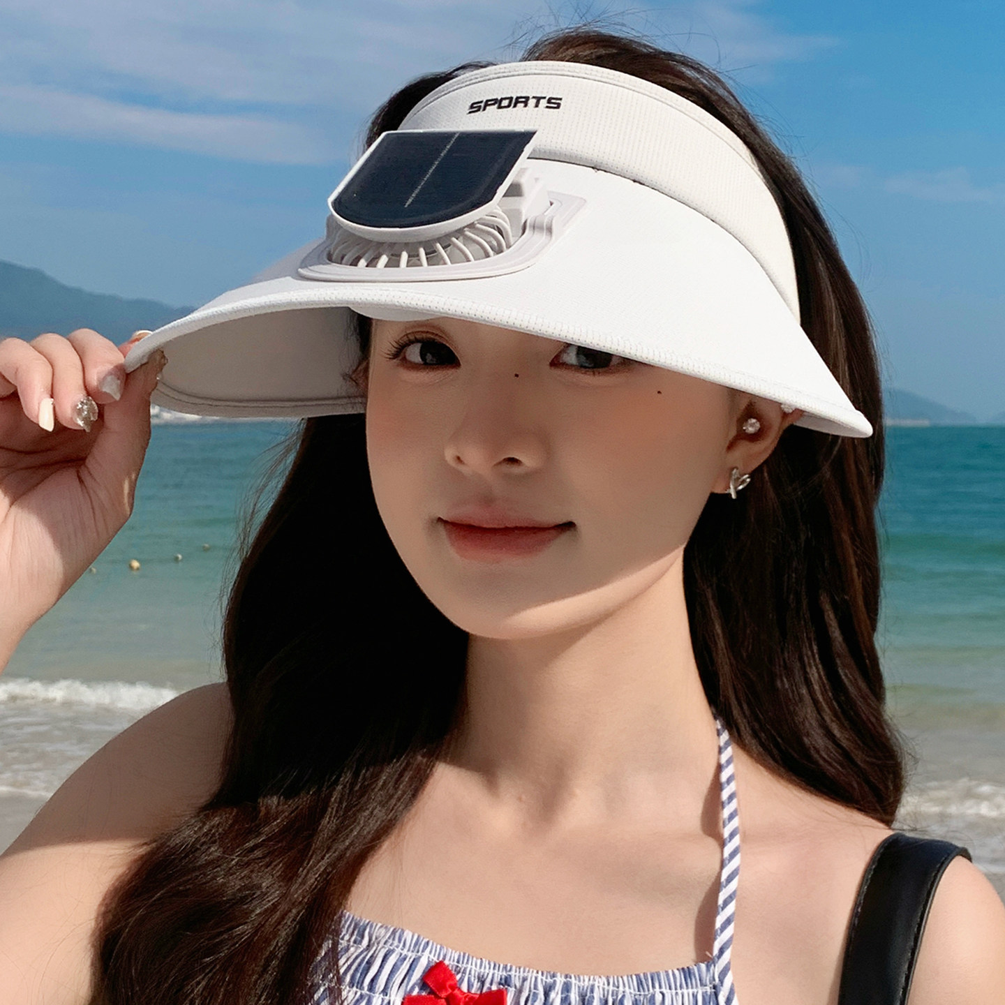 太阳能风扇大檐防晒空顶帽女