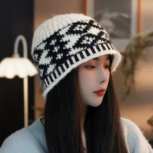 復古格紋針織漁夫帽子女韓版 大頭圍顯臉小盆帽潮 新款 2025年春秋季