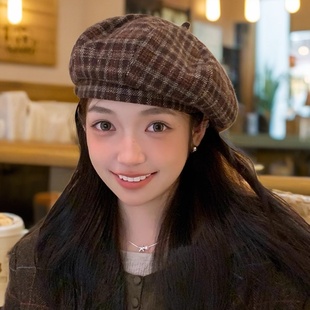 春秋季 画家帽 新款 英伦风气质格纹贝雷帽子女百搭显脸小大头围时尚