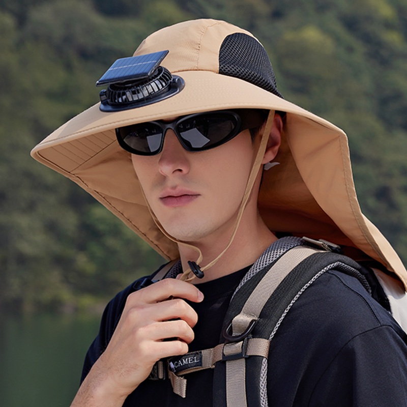 太阳能电风扇登山帽子男夏季户外徒步骑行防紫外线大帽檐遮阳帽女