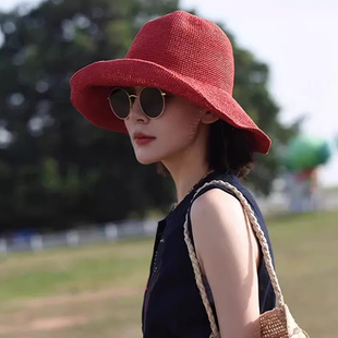 纯色镂空手工钩针大檐渔夫帽子女春夏季新款透气遮阳帽显脸小草帽