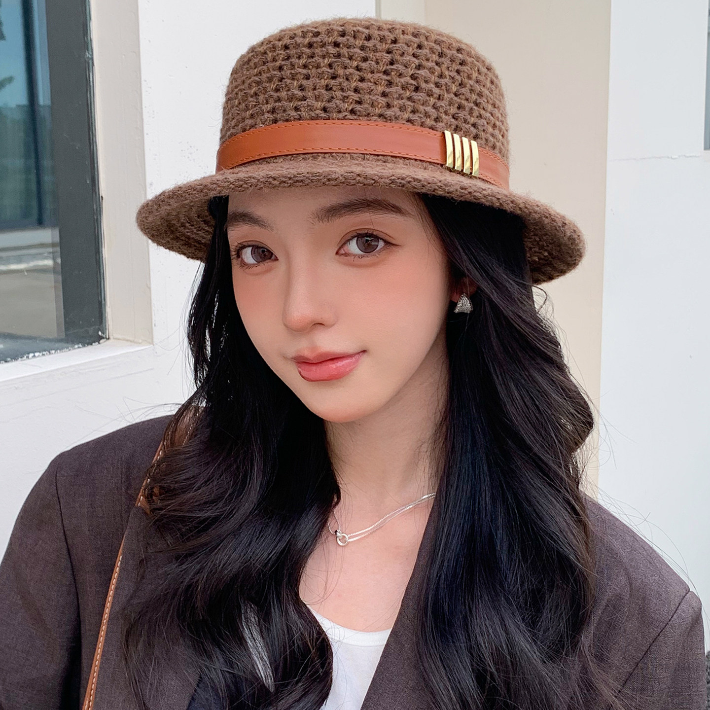 法式气质优雅平顶帽子女宽檐百搭显脸小秋季新款时尚百搭针织礼帽