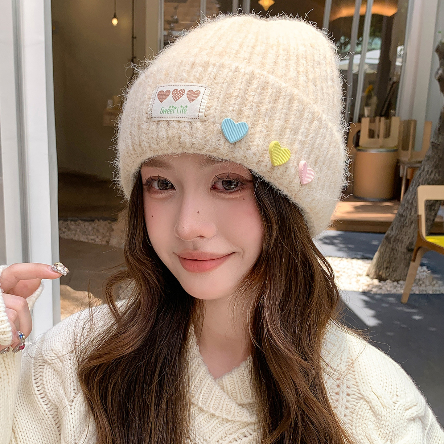 秋冬女甜美爱心护耳针织帽显脸小