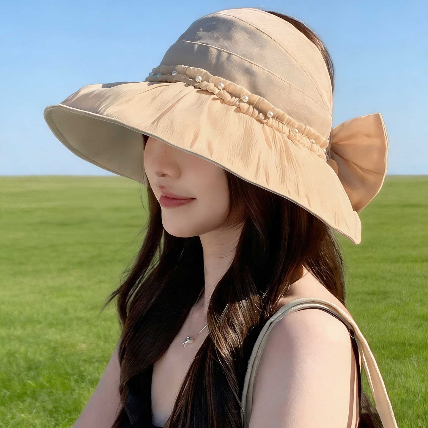 蝴蝶结帽子女款2026新款春夏季户外遮阳帽透气防晒帽显脸小空顶帽