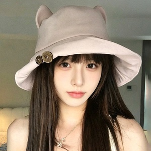 可爱猫耳纽扣帽子女夏季新款户外遮阳帽薄款防晒帽透气百搭渔夫帽