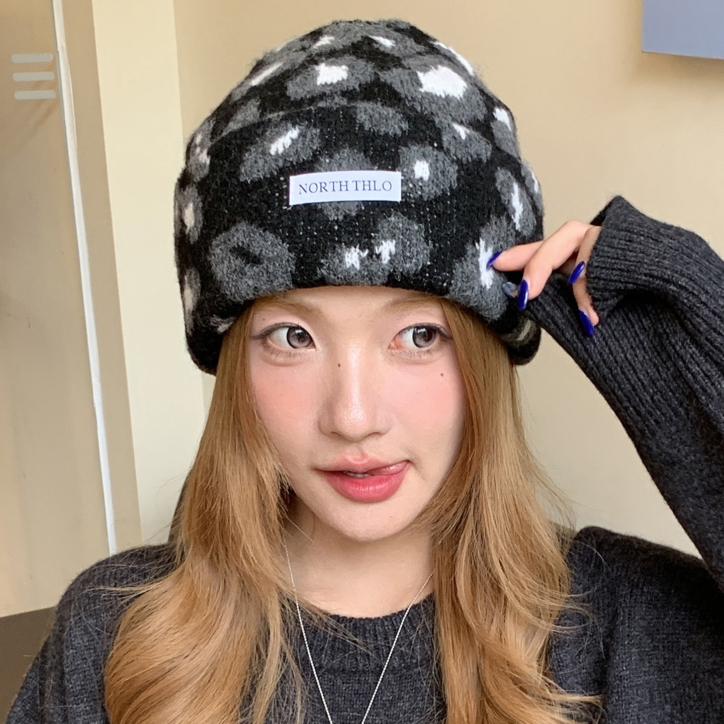 复古豹纹保暖显脸小针织帽