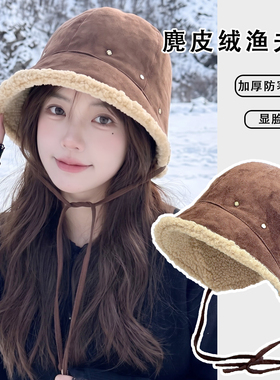 复古麂皮绒加厚保暖渔夫帽女