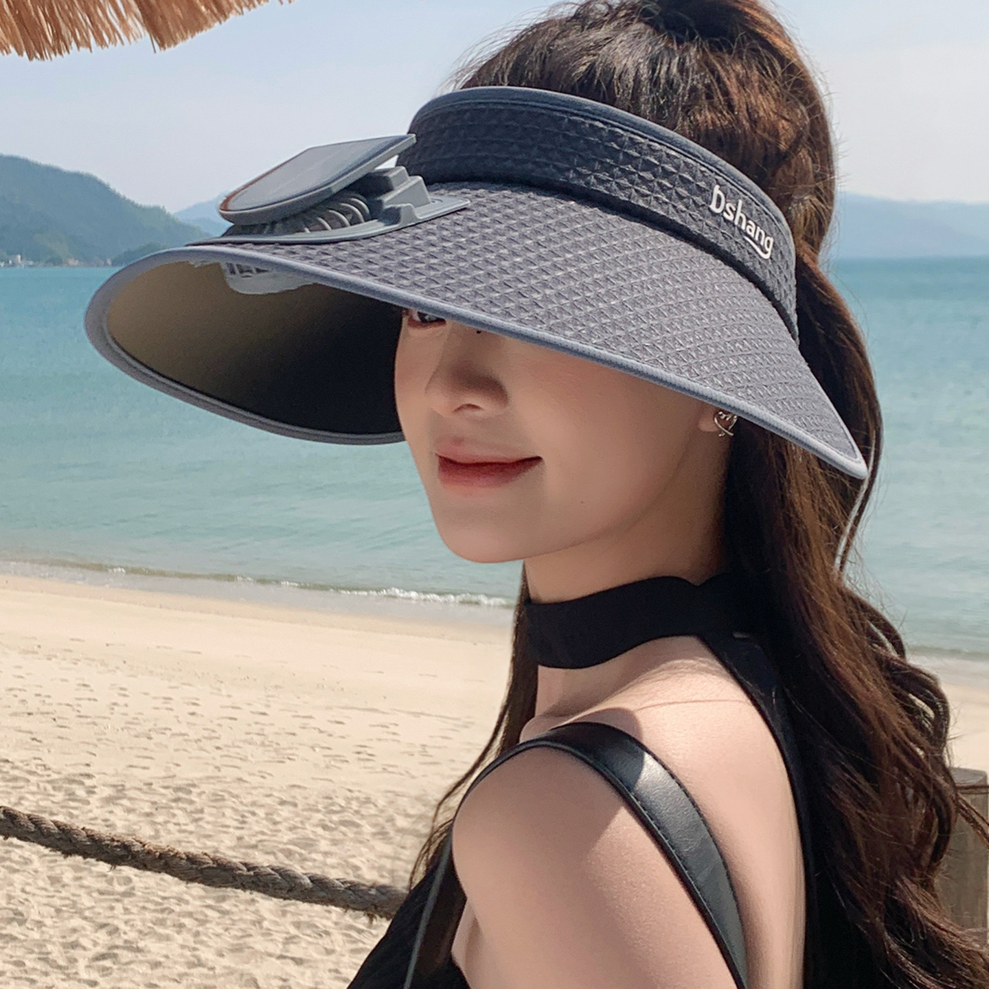 太阳能风扇大檐防晒空顶帽女款