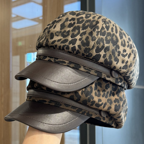 复古豹纹显脸小八角帽