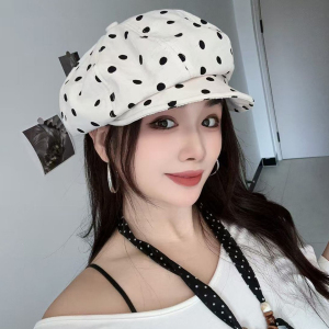 复古波点帽子女夏季薄款透气显脸小遮阳帽防晒帽八角帽百搭画家帽