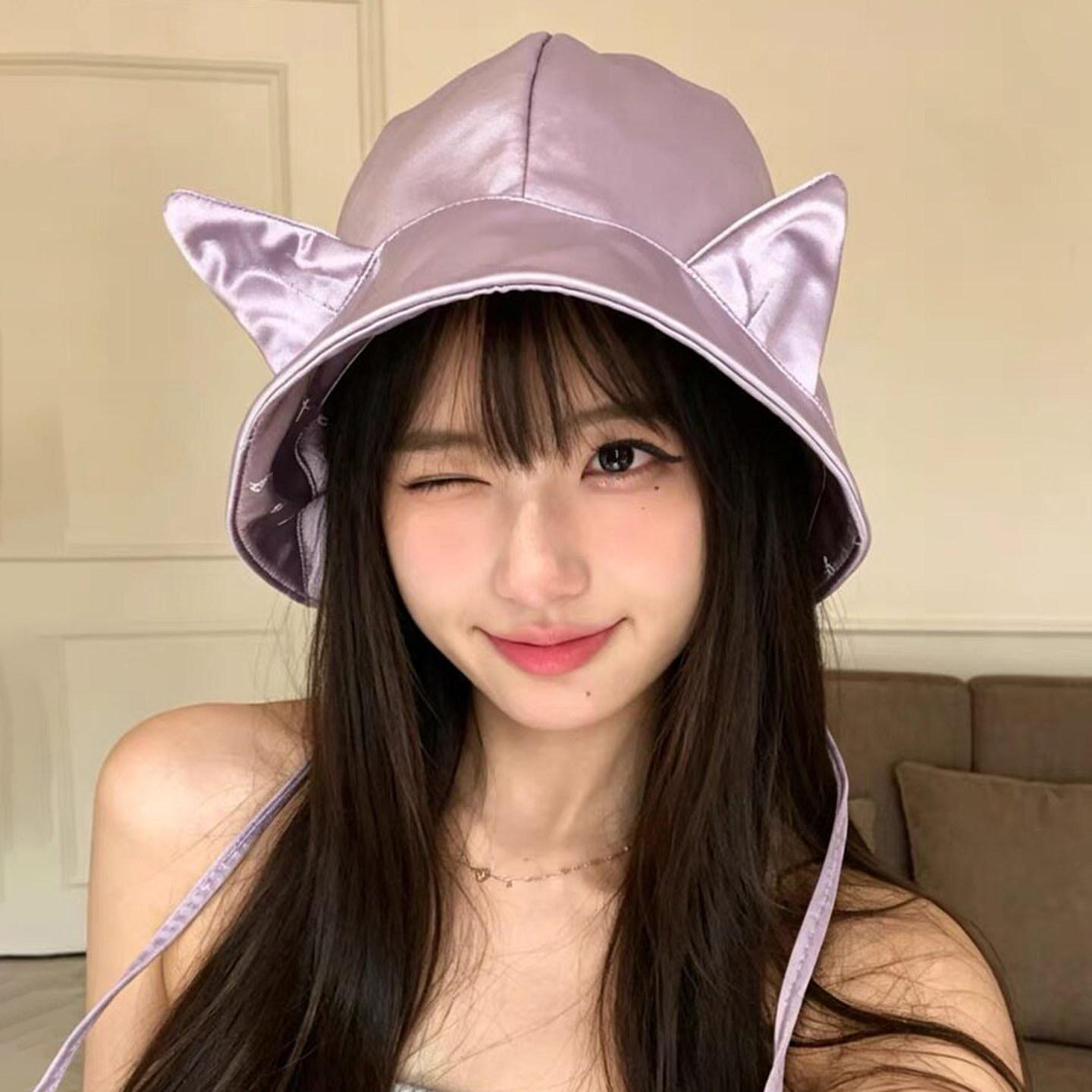 夏季双面缎面猫耳渔夫帽显脸小