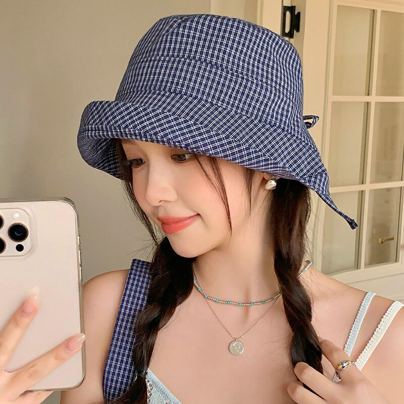 2026新款格纹渔夫帽子女款春夏季新款遮阳可折叠蝴蝶结时尚防晒帽