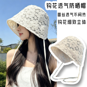 钩花透气宽檐帽子女款夏季新款遮阳帽显脸小户外防晒帽绑带渔夫帽