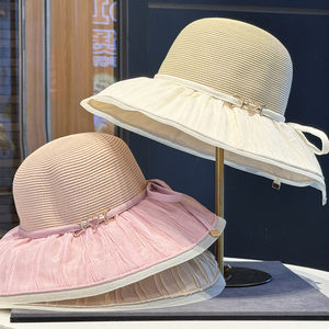 春夏季新款褶皱蝴蝶结宽檐草编渔夫帽子女遮阳防晒帽显脸小沙滩帽