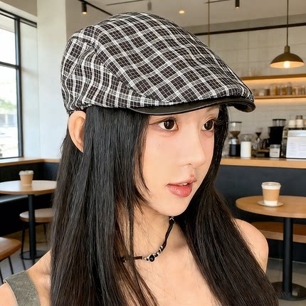 韩版复古格纹百搭前进帽子女新款文艺透气画家帽反戴显脸小遮阳帽