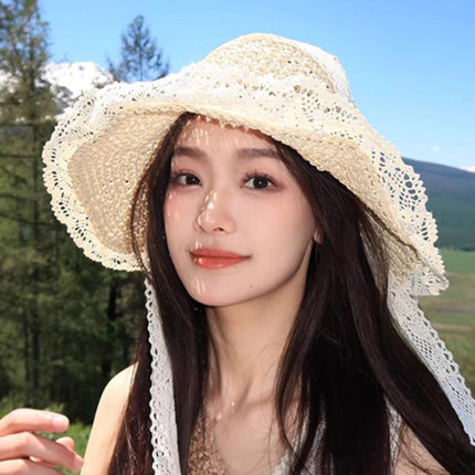 蕾丝系带草帽女2026新款夏季镂空草编出游防晒帽沙滩海边遮阳帽子