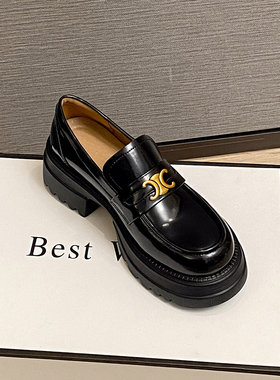 牛皮版～增高乐福鞋女英伦风凯旋门厚底黑色小皮鞋一脚蹬粗跟单鞋