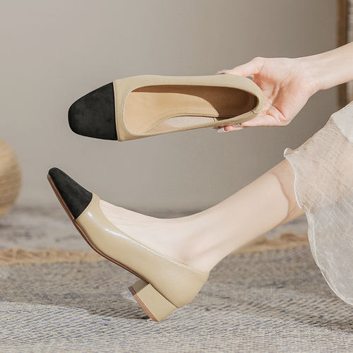 真皮拼色小香风浅口高跟鞋女粗跟