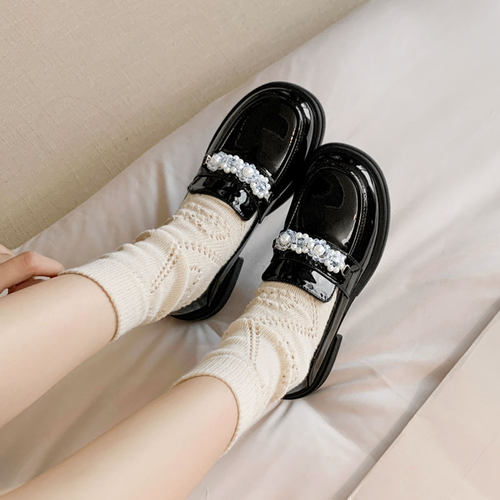 真皮珍珠乐福鞋女法式小皮鞋英伦