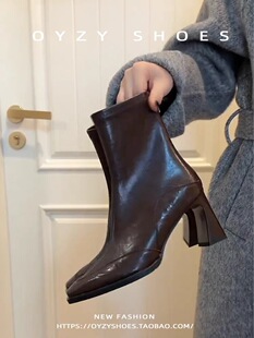 羊皮版～高跟短靴女秋冬新款法式复古方头瘦瘦靴粗跟马丁靴女单靴