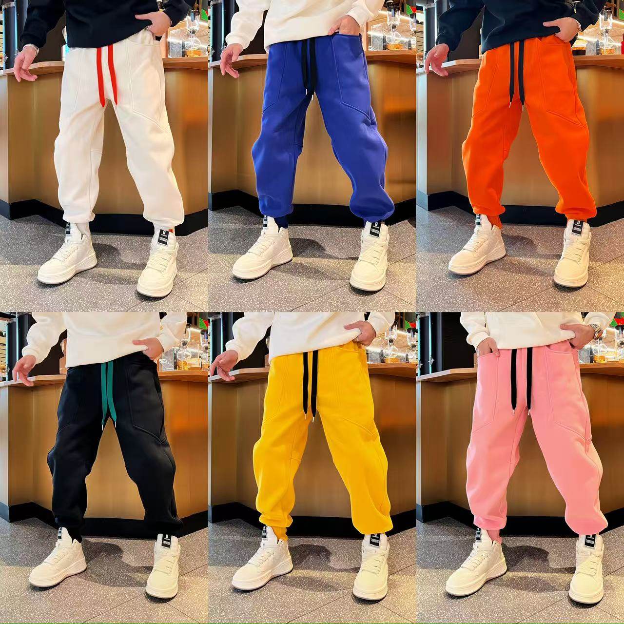 冬季新款百搭时尚潮流个性休闲痞帅拼接设计束脚纯色男款卫裤