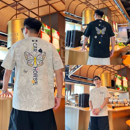 夏季新款百搭休闲时尚潮流扎染蝴蝶刺绣纯棉圆领宽松男款短袖T恤