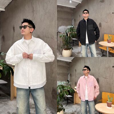 春季百搭时尚休闲潮流个性小众简约条纹拼接假两件男款翻领衬衫