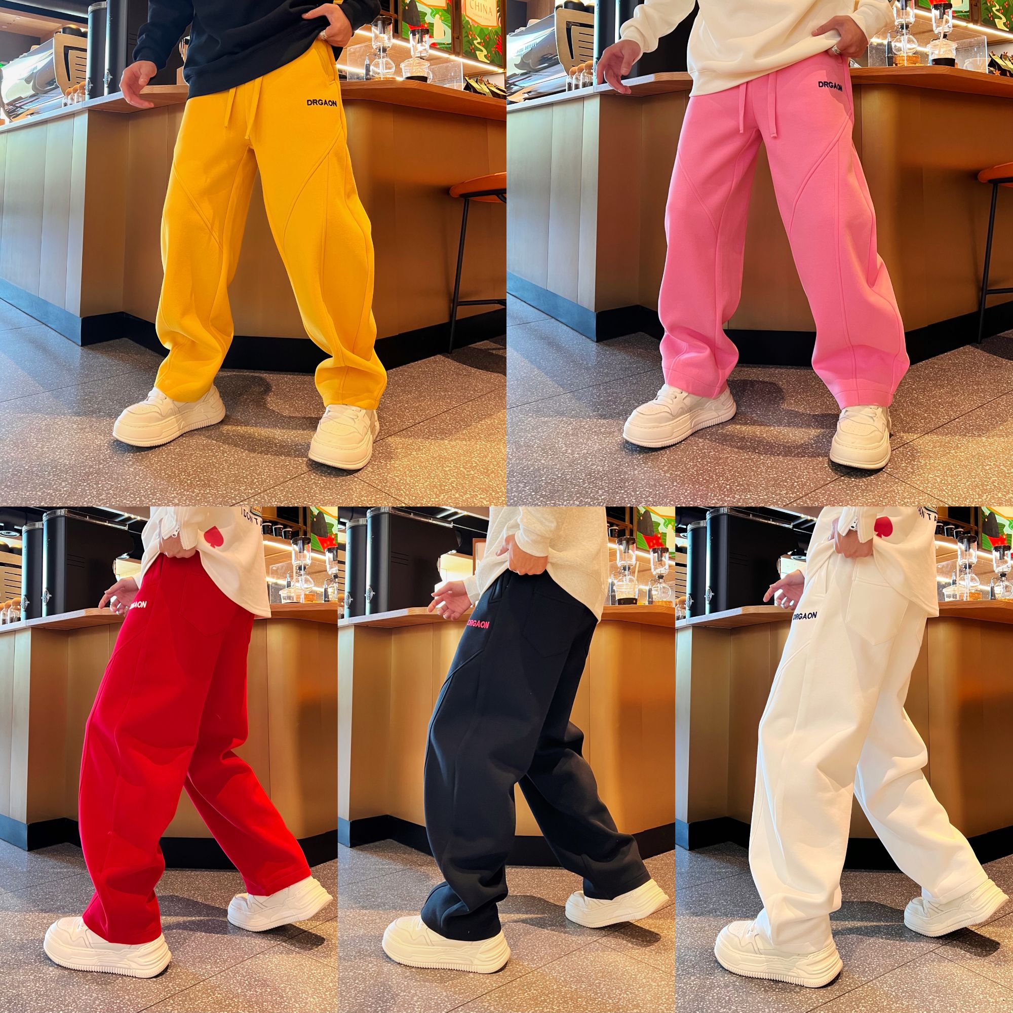 秋冬新款百搭时尚宽松个性刺绣设计感潮流男士微绒弯刀休闲卫裤