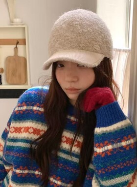 韩系ins博主显脸小鸭舌帽女秋冬复古休闲宽帽檐软顶针织羊毛帽子