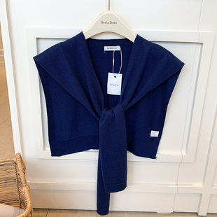 小坎肩女 打结衬衫 自留藏青色羊毛混纺针织披肩女外搭2026新款 时尚