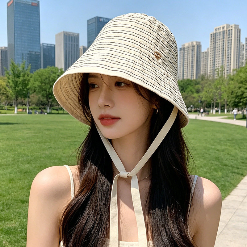 2026新款条纹蛋卷渔夫帽子女春夏百搭全脸遮阳防晒帽大头围灯罩帽