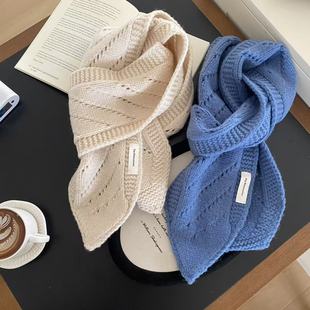 高级感含羊毛静谧蓝镂空围巾2025秋冬季保暖短款窄版围脖学生青年