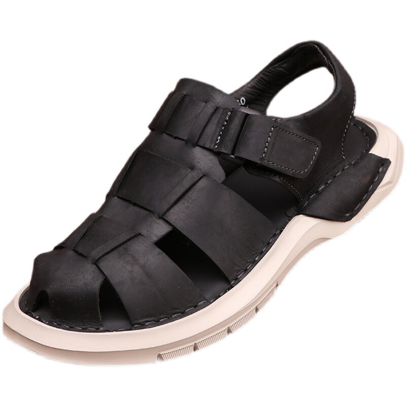 HOLE SHOES MENS NON-SLIP SUMMER FECES SENSE BEACH SHOES MENS BAOTOU SANDALS MENS OUTER WEAR LEATHER COWHIDE ROMAN SHOES