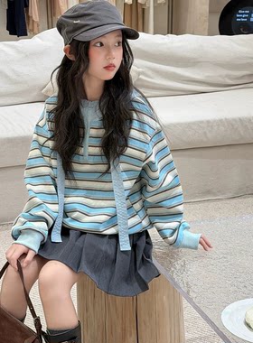 韩系女童条纹连帽时髦卫衣2026秋季新款中大童超洋气拉链针织帽衫