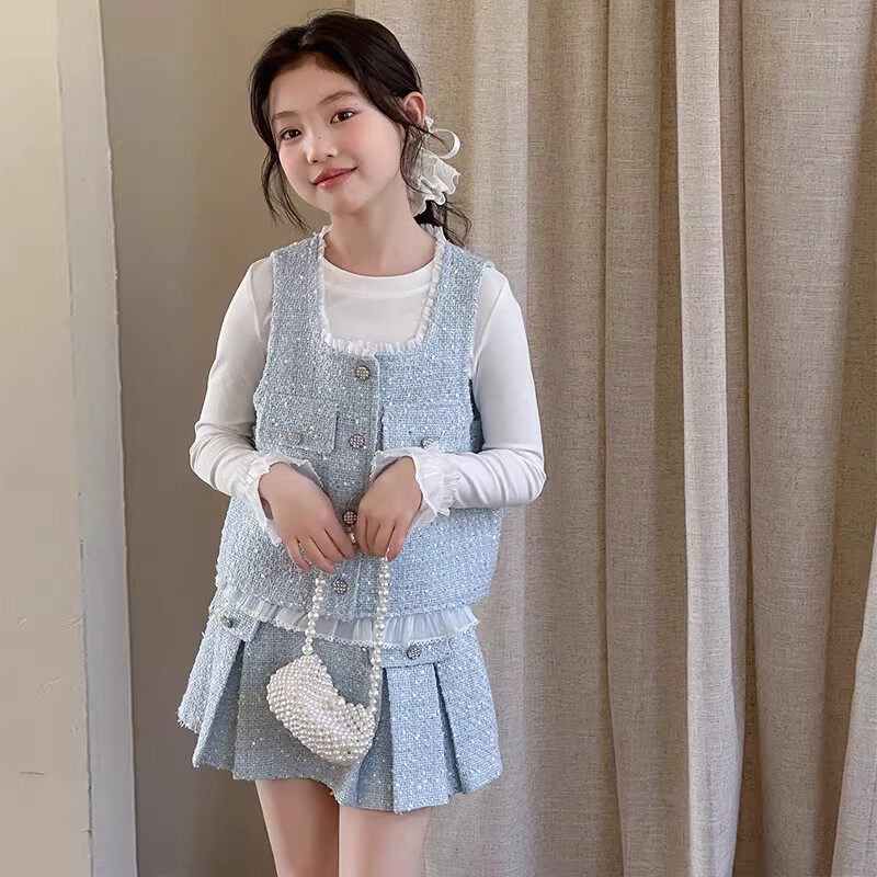 女童小香风套装春秋2026新款洋气女孩荷叶边打底衫背心短裙三件套
