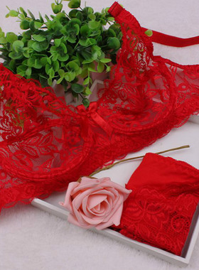 文胸套装少女聚拢性感内衣薄款蕾丝透明情趣大码胸罩本命年红色
