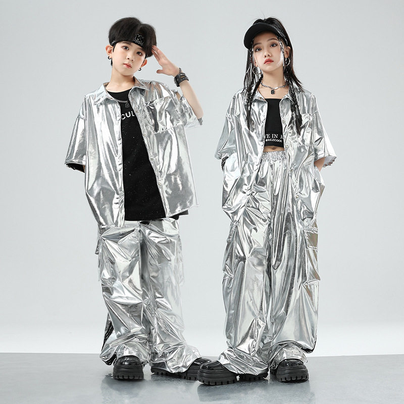 儿童街舞演出服皮衣银色套装