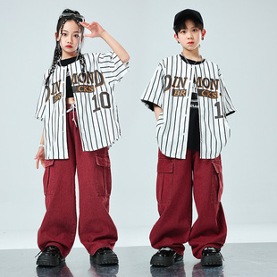 街舞hiphop演出服儿童夏季衬衫宽松字母棒球服衬衣男popping套装