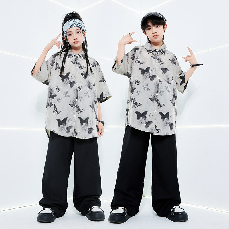 儿童街舞裤子定制印字中国风poppin衬衫男童套装hiphop童装演出服