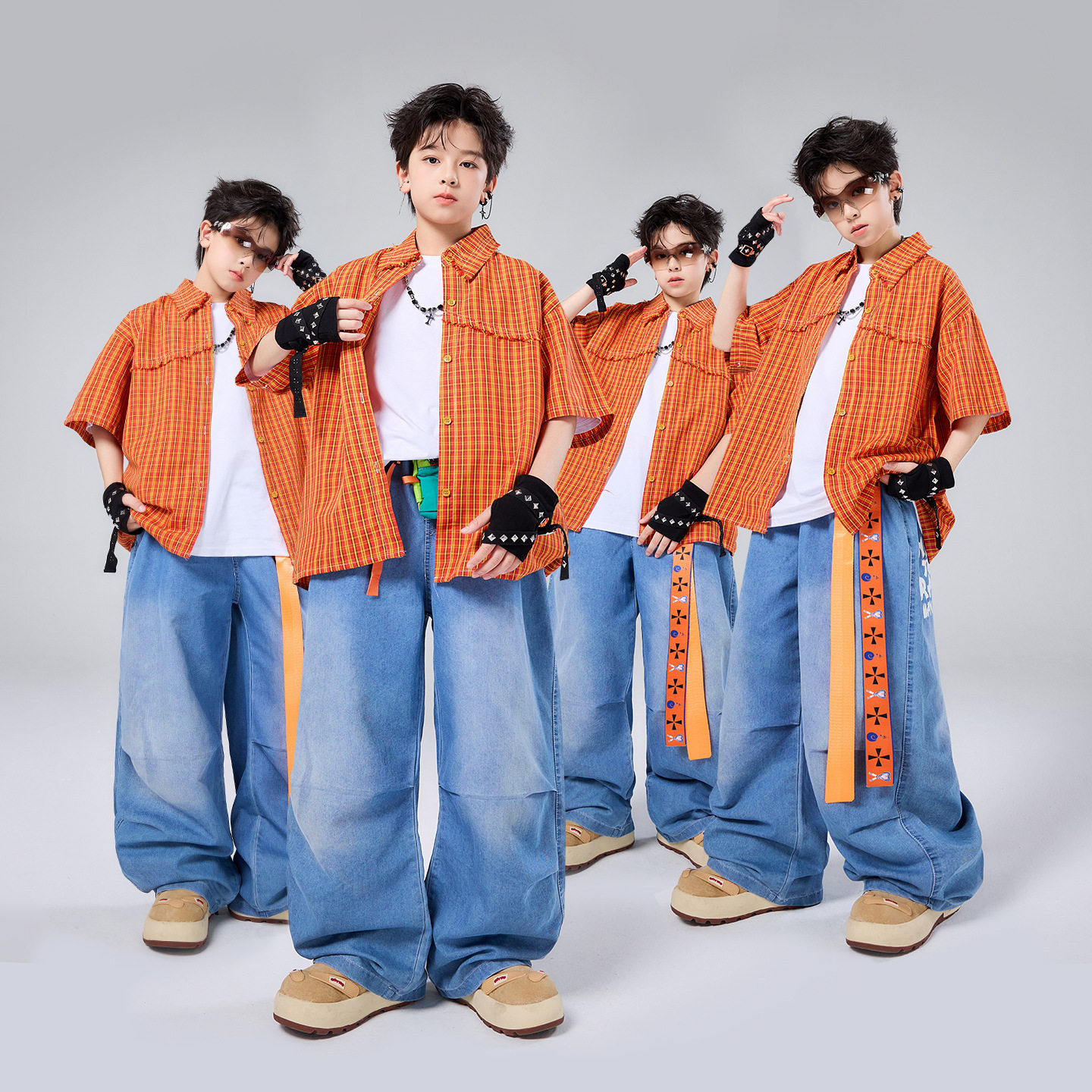 儿童街舞潮服演出服男童hiphop童装嘻哈桔色格子衬衫牛仔裤套装夏