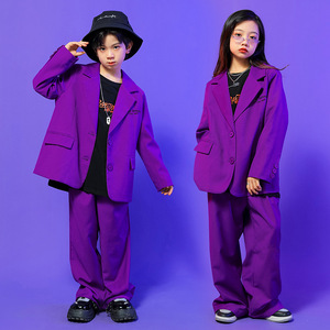 女童演出服儿童hiphop套装少儿街舞走秀紫色西服popping舞团秋冬