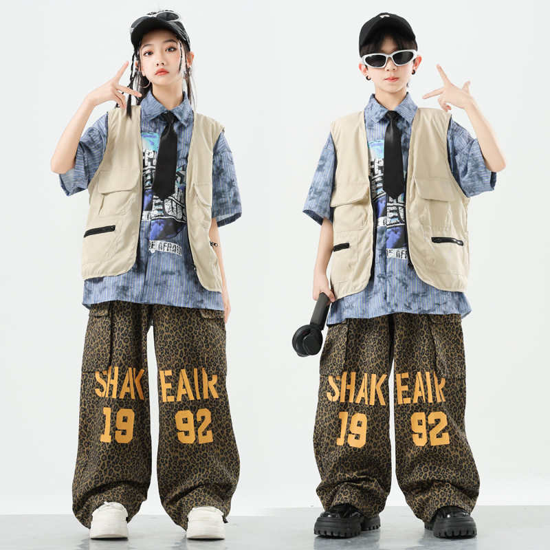少儿嘻哈街舞bboy男孩hiphop架子鼓套装女孩潮定制印字马甲演出服