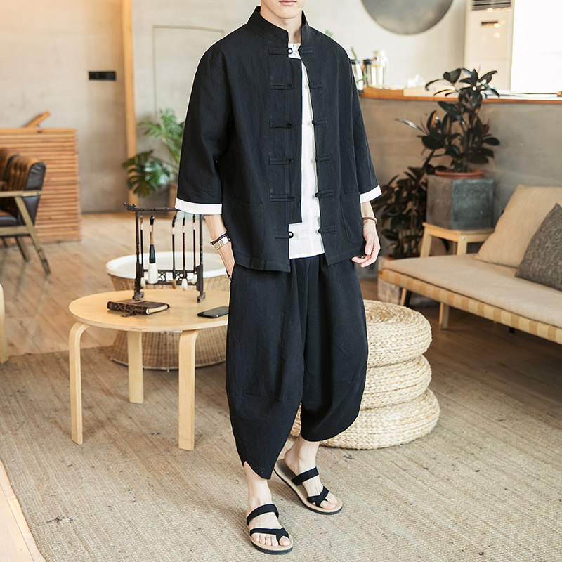 盘扣唐装风套装男中式棉麻七分袖外套电商A057-TZ13-P75,男装休闲套装,电商A057B