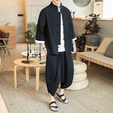 盘扣唐装风套装男中式棉麻七分袖外套电商A057-TZ13-P75，男装休闲套装，电商A057B
