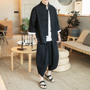盘扣唐装 风 套装男中式棉麻 七分袖外套 电商A057-TZ13-P75图片