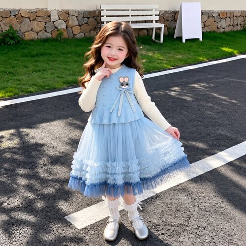 女童甜美针织网纱连衣裙2026长袖蝴蝶结公主裙生日礼服韩版两件套